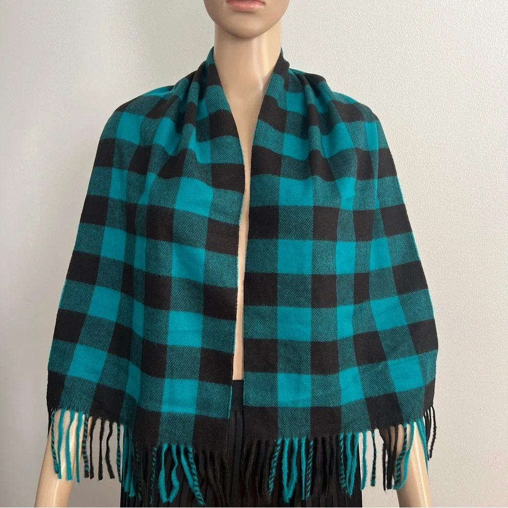 Vintage Christian Dior Monsieur Teal Black Plaid Fringe Scarf Men’s